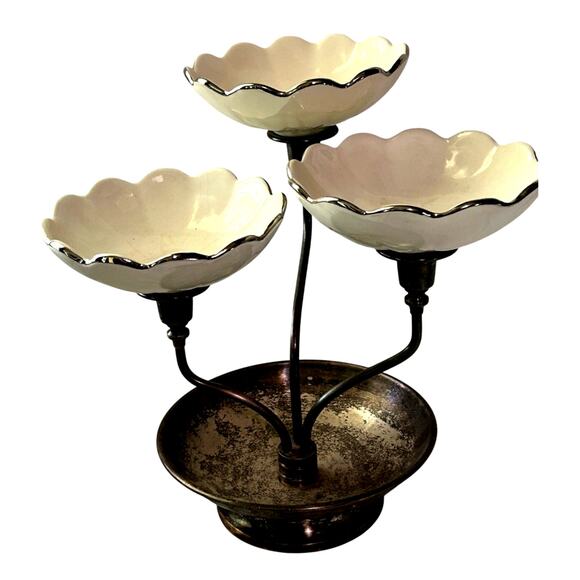 Rare-Cheshire Sterling Knob Candelabra-3 Tiers w/Silver Rim Porcelain Bowls - Picture 1 of 6